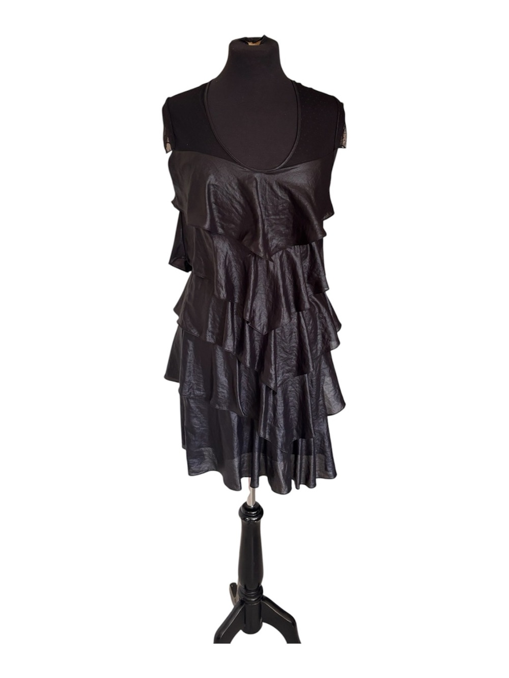 BCBGMaxAzria Shimmery Black Sleeveless Tiered Ruffle Mini Dress